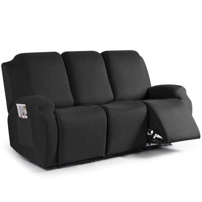 TAOCOCO Recliner Sofa Slipcover  3 Pieces Polyester Fabric Stretch Sofa Covers for 3 Seat Reclining Couch  Soft Washable Furniture Protector with Pockets (3 Seat  Black) - Image 1
