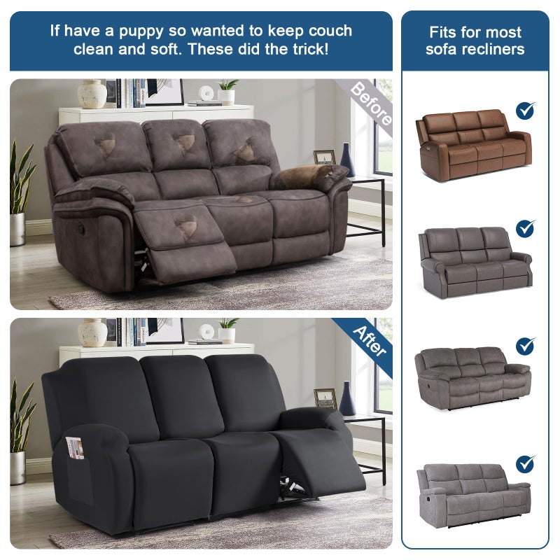 TAOCOCO Recliner Sofa Slipcover  3 Pieces Polyester Fabric Stretch Sofa Covers for 3 Seat Reclining Couch  Soft Washable Furniture Protector with Pockets (3 Seat  Black) - Image 4