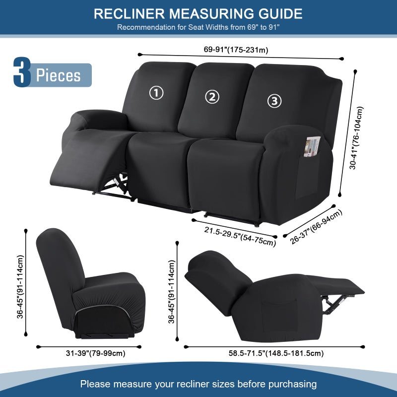 TAOCOCO Recliner Sofa Slipcover  3 Pieces Polyester Fabric Stretch Sofa Covers for 3 Seat Reclining Couch  Soft Washable Furniture Protector with Pockets (3 Seat  Black) - Image 3