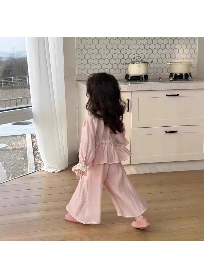 Ayada Home طقم بنات من قطعتين بأسلوب الكتان، بلوزة بأكمام طويلة مع كشكشة وسروال واسع، ملابس صيفية عادية - Image 4