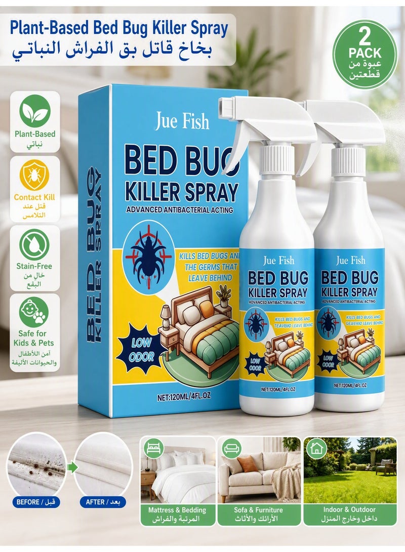 JUE FISH 2Plant-Based Bed Bug Killer Spray, Low Fresh Scent Contact Kill Insect Spray, Roach Flea Moth Spider Repellent, Non-Greasy Stain-Free Indoor Outdoor Bug Spray Safe For Kids & Pets - Image 1