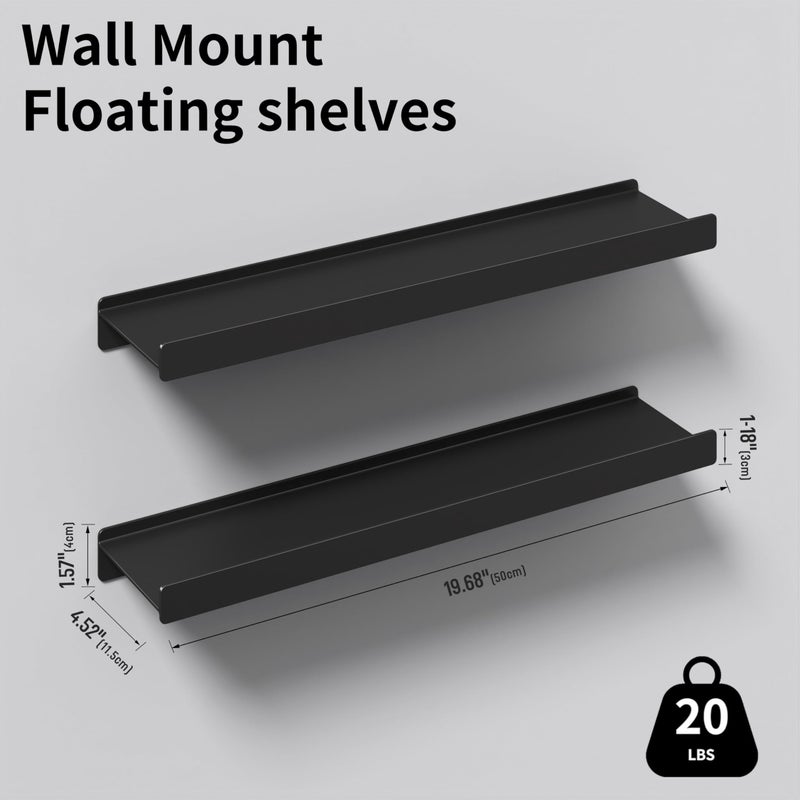 dancrul Floating Shelves for Wall, Wall Mounted Shelves with Lip for Storage, Metal Display Shelves for Home Decor, Kitchen/Living Room/Bedroom/Bathroom Shelf, Black 20 inch 2 Pack - Image 2