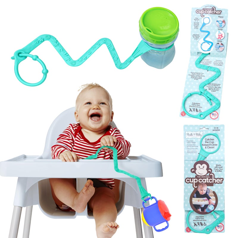 Brilli Baby Cup Catcher Patented Safety Tether Strap, Attach Sippy Cups, Bottles, Pacifiers & More to Stroller, High Chair, Car Seat, Made in USA, Food Grade, Dishwasher Safe (Aqua) - Image 1
