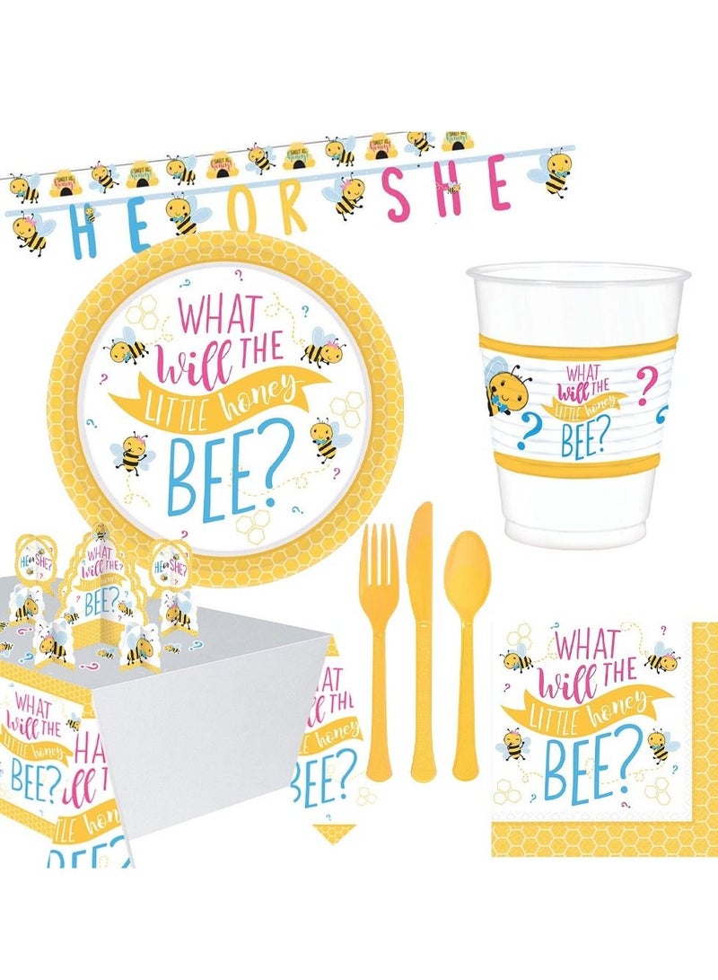 Amscan ما سيكون؟ لوازم الحفلات من أدوات المائدة الفاخرة تشمل الأطباق، الأكواب، المناديل، أدوات المائدة، غطاء الطاولة واللافتة لـ 8 ضيوف - Image 1