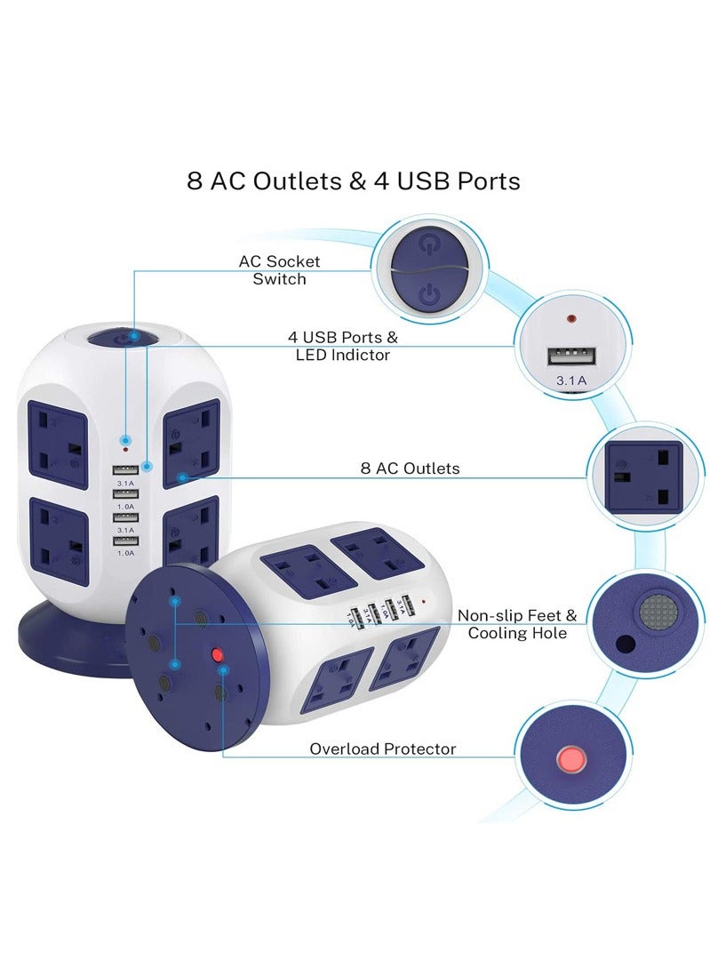 OULIYO Vertical Socket Power Strip, Universal Socket, 8 Sockets, 4 USB Fast Charging Ports, 2500w, 3-Meter Heavy-Duty Extension Cord, British Plug - Image 4