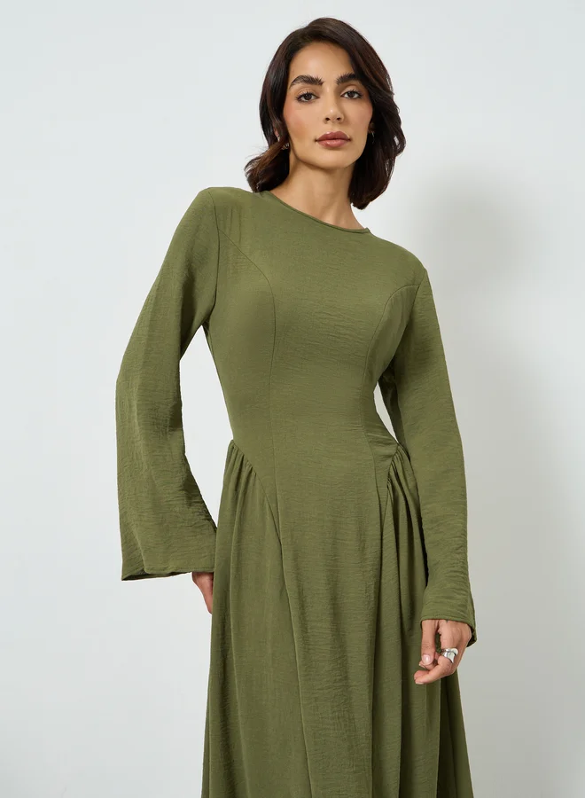 تايك تو Green Pleated A-Line Maxi Dress