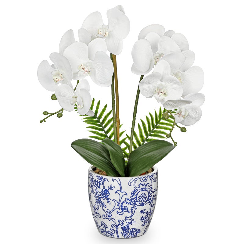 Briful Orchid Fake Flowers 18.8in White Orchid Silk Flower with Blue and White Pot Faux Orchid Arrangement for Home Office Room Shelf Table Centerpiece Decoration - Image 1