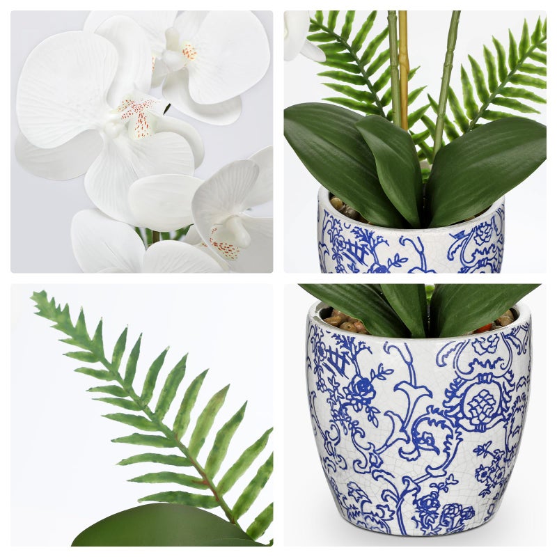 Briful Orchid Fake Flowers 18.8in White Orchid Silk Flower with Blue and White Pot Faux Orchid Arrangement for Home Office Room Shelf Table Centerpiece Decoration - Image 3