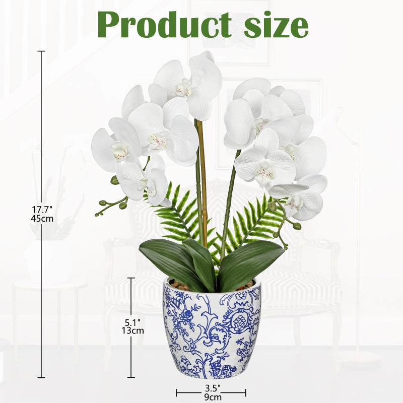 Briful Orchid Fake Flowers 18.8in White Orchid Silk Flower with Blue and White Pot Faux Orchid Arrangement for Home Office Room Shelf Table Centerpiece Decoration - Image 2
