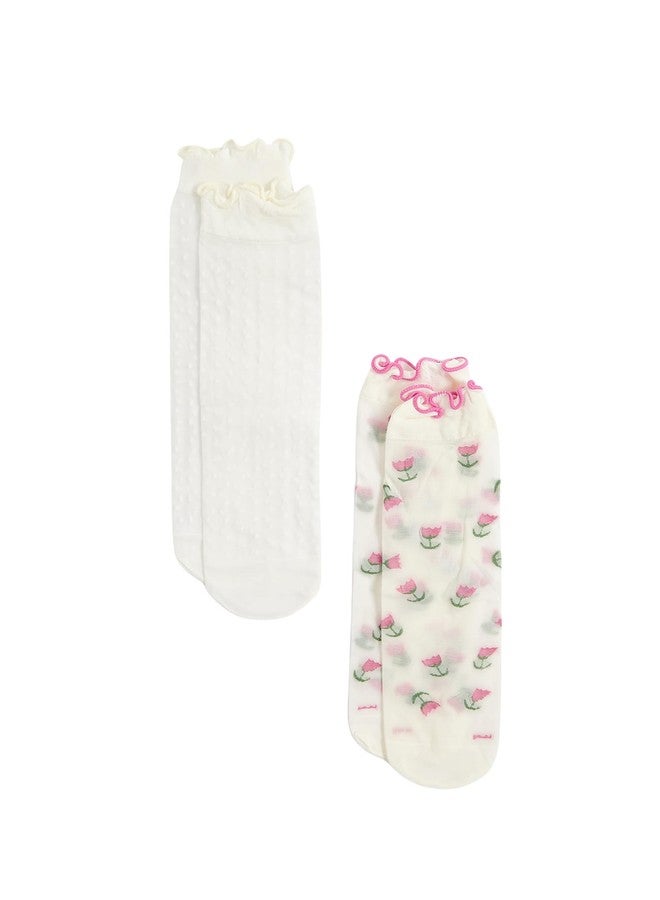 Verdusa Women's 2 Pairs Ruffle Socks Sheer Mesh Socks Thin Transparent Ankle Socks Beige and Pink One-Size - Image 1