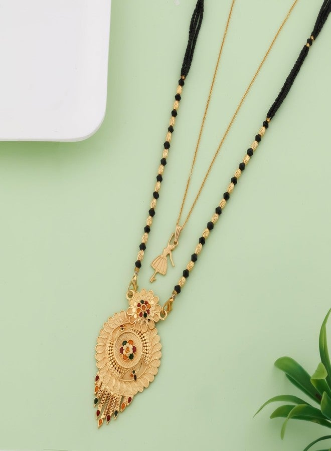 MALKYN Women's Gold Plated Peacock Motif Mangalsutra with Enamel Work and Ballerina Pendant Layered Necklace Set, Traditional Indian Black Beaded Jewelry-MD-120 - Image 2