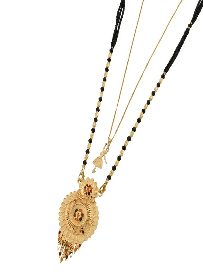 MALKYN Women's Gold Plated Peacock Motif Mangalsutra with Enamel Work and Ballerina Pendant Layered Necklace Set, Traditional Indian Black Beaded Jewelry-MD-120 - Image 1
