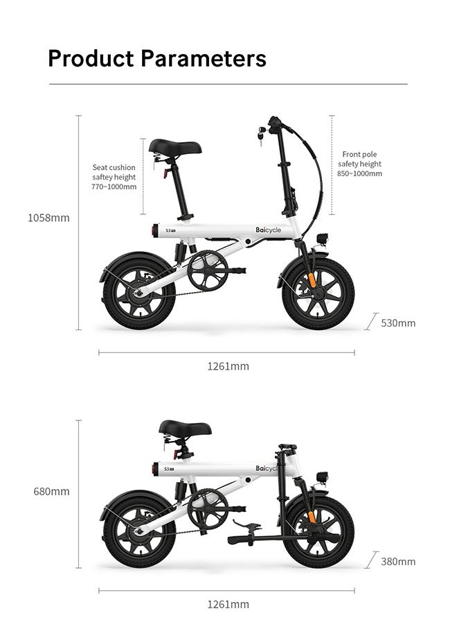 Baicycle - Electric Bike S3 Pro,14 Inch Folding Ebike,Power Assisted Bike,With 36V 7.8Ah Battery,Max 25Km/H,400W Brushless Motor,Electric Bicycle For Leisure & Commuting White - Image 1