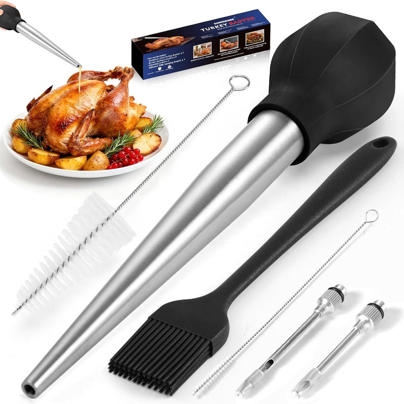 SCHVUBENR Large Turkey Baster Set - Stainless Steel Baster Tool for Cooking - Includes Basting Brush, Cleaning Brush & Injector Needles - Heavy Duty Baster Syringe - Thanksgiving, Christmas Essentials - Image 1