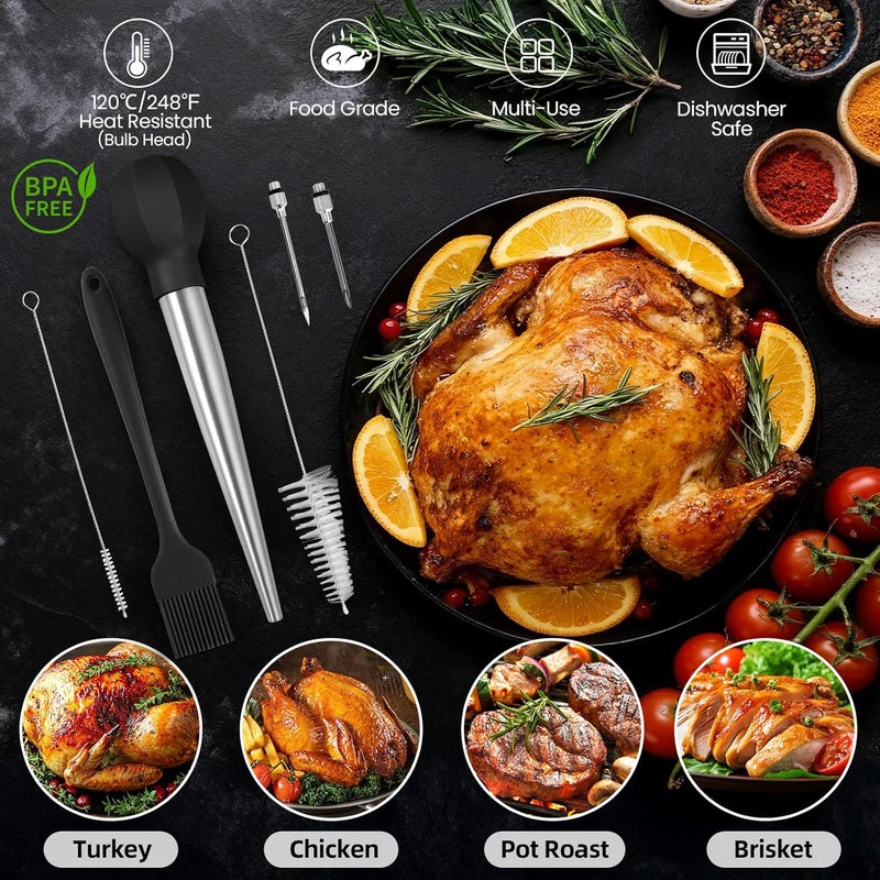 SCHVUBENR Large Turkey Baster Set - Stainless Steel Baster Tool for Cooking - Includes Basting Brush, Cleaning Brush & Injector Needles - Heavy Duty Baster Syringe - Thanksgiving, Christmas Essentials - Image 3