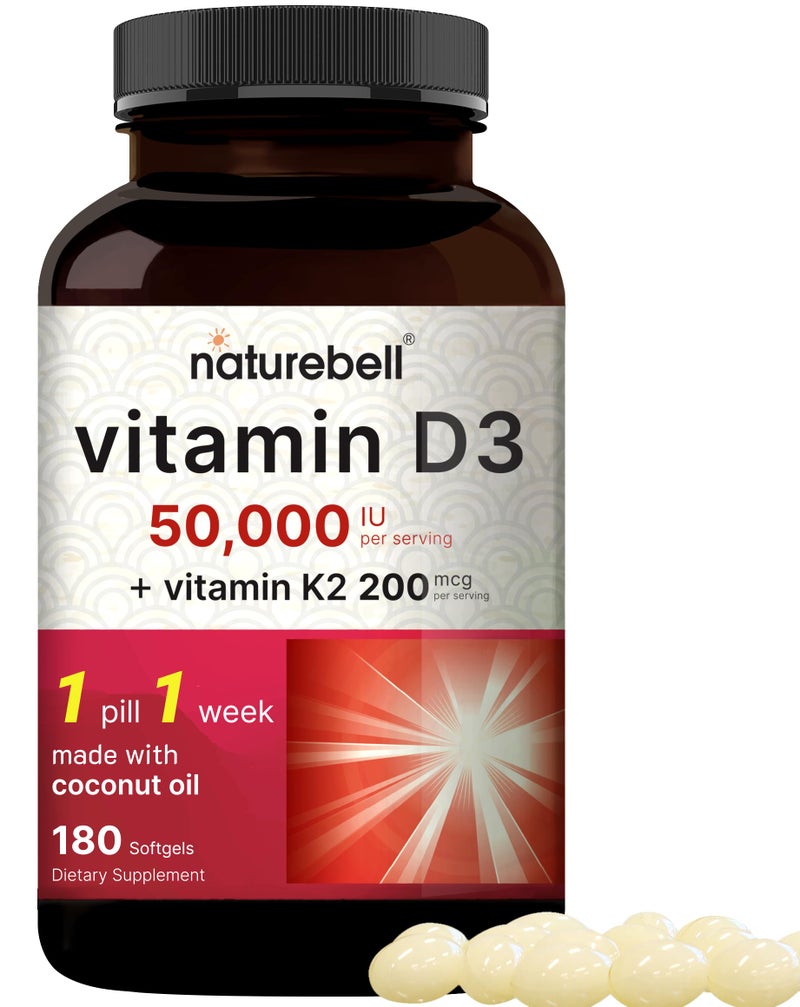 NatureBell Vitamin D3 50000 IU K2 200 mcg 180 Softgels OnceWeekly Formula with Coconut Oil Max Strength Bone Heart Immune Support MK7 Form NonGMO