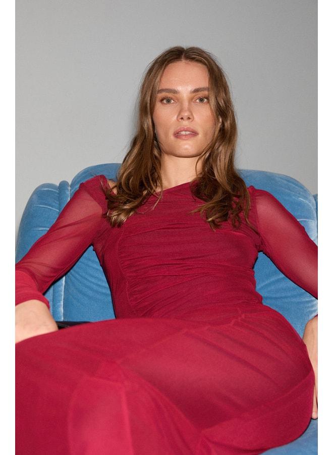 GRIMELANGE URYEY Women's Asymmetrical Collared Ruffle Detailed Flexible Fabric Tulle Burgundy Blouse. - Image 3
