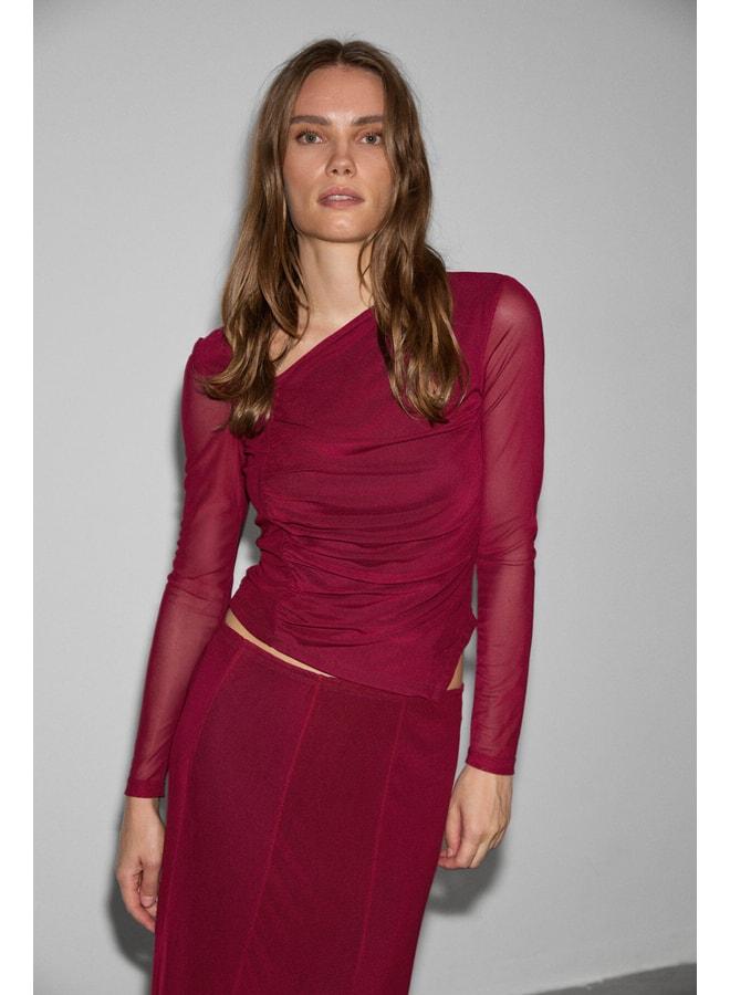 GRIMELANGE URYEY Women's Asymmetrical Collared Ruffle Detailed Flexible Fabric Tulle Burgundy Blouse. - Image 2