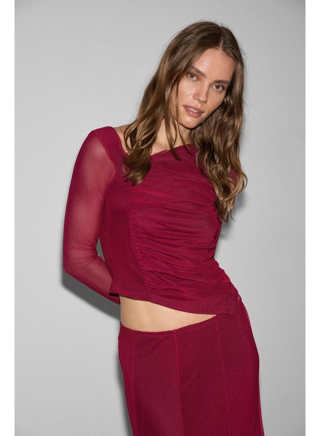 GRIMELANGE URYEY Women's Asymmetrical Collared Ruffle Detailed Flexible Fabric Tulle Burgundy Blouse. - Image 1