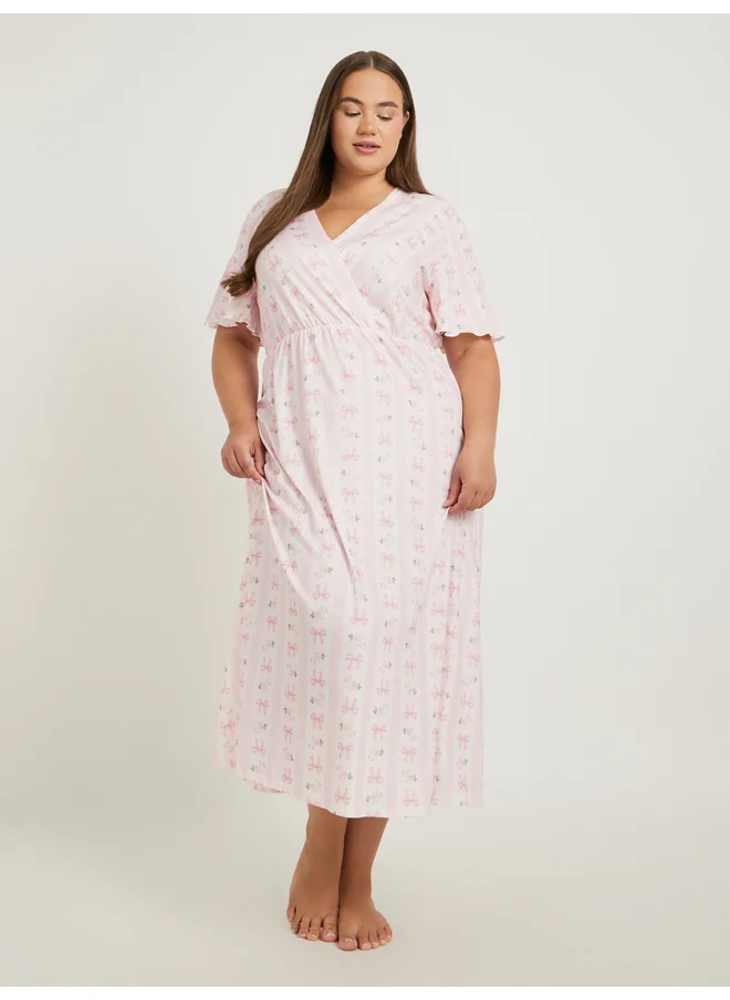 ستايلي Styli Unwind Plus Size Bow Print Wrap Look Nightdress