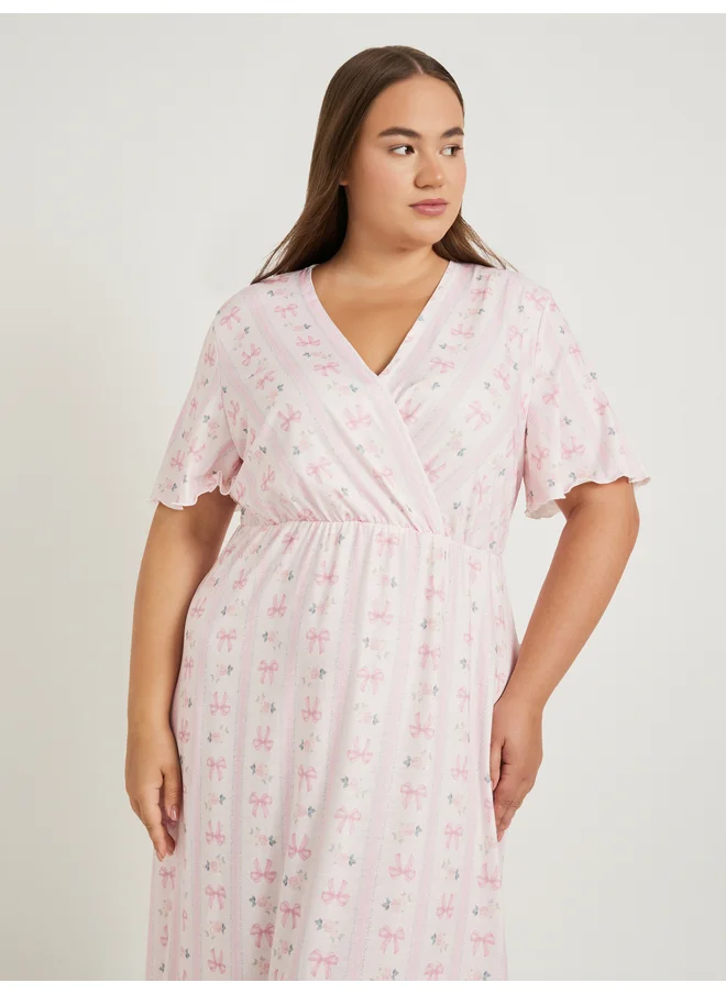ستايلي Styli Unwind Plus Size Bow Print Wrap Look Nightdress