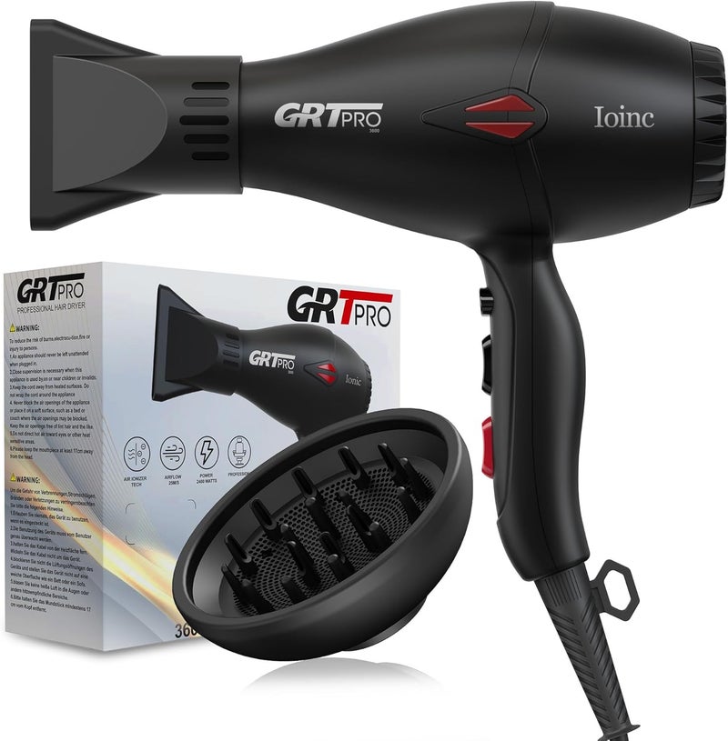 GRT PRO Professional Hair Dryer 2400W Ionic Hairdryer AC Motor 40 Million Negative Ions with 1 Diffuser & 1 Nozzle Accessories, Overheating Protection 2 Speeds 3 Heat Settings for Women Men Home Salon - Image 1