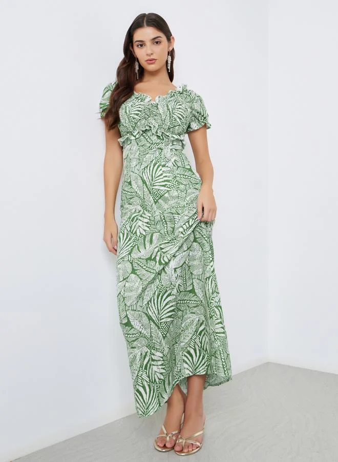 Styli All-Over Print Off Shoulder A-Line Maxi Dress