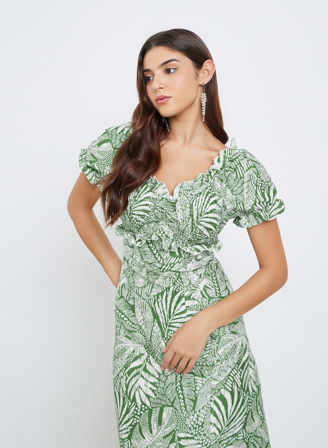 ستايلي فستان طويل مُطبع بالكامل بأكتاف مكشوفة - Image 3