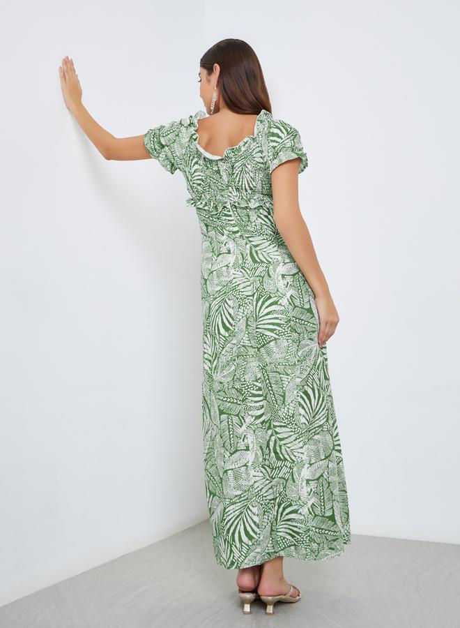 ستايلي فستان طويل مُطبع بالكامل بأكتاف مكشوفة - Image 5