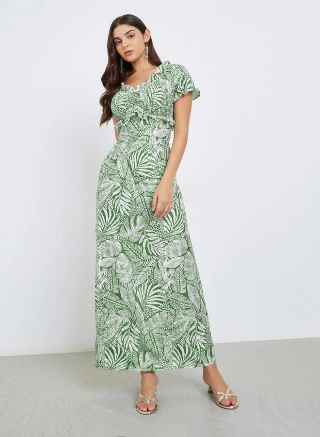 ستايلي فستان طويل مُطبع بالكامل بأكتاف مكشوفة