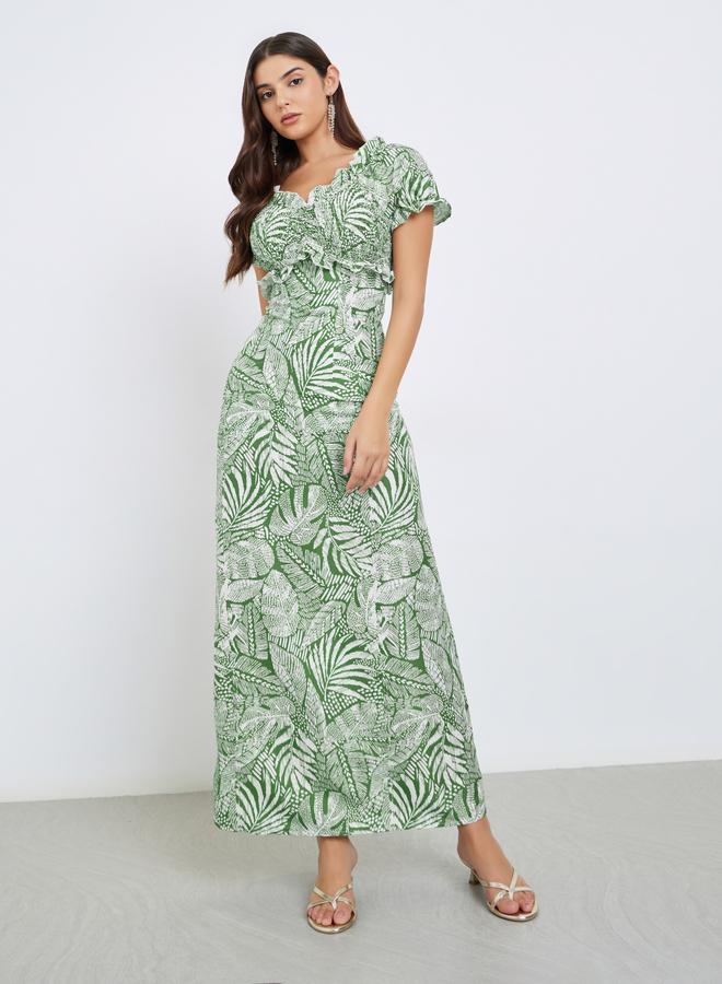 ستايلي فستان طويل مُطبع بالكامل بأكتاف مكشوفة - Image 2