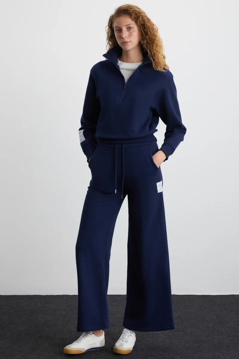 GRIMELANGE Saılenıs Women's 3 Thread Organic Cotton Polo Collar Navy Blue Sweatshirt