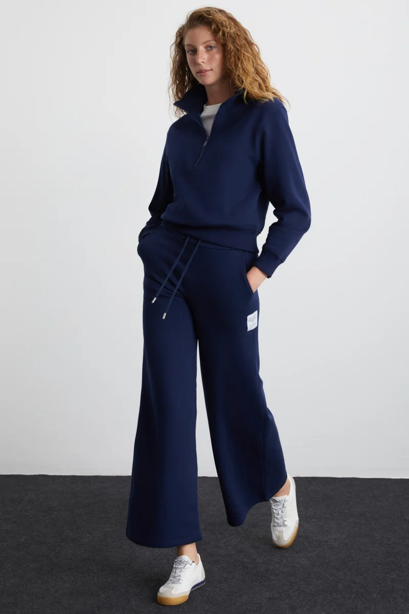GRIMELANGE Saılenıs Women's 3 Thread Organic Cotton Polo Collar Navy Blue Sweatshirt