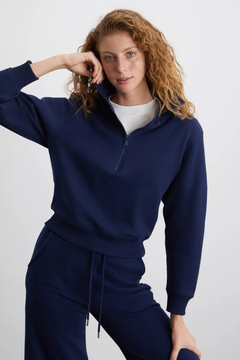 GRIMELANGE Saılenıs Women's 3 Thread Organic Cotton Polo Collar Navy Blue Sweatshirt
