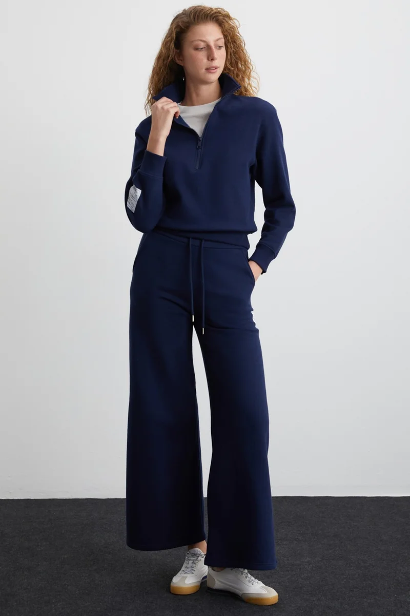 GRIMELANGE Saılenıs Women's 3 Thread Organic Cotton Polo Collar Navy Blue Sweatshirt