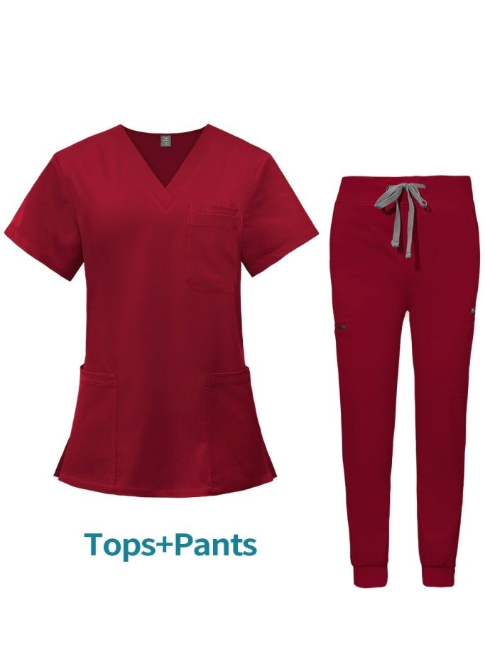 Loquat Medical Uniform Scrubs 2 Piece Set V-Neck Top and Jogger Pants Suit Red  - Image 1