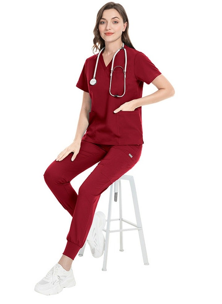Loquat Medical Uniform Scrubs 2 Piece Set V-Neck Top and Jogger Pants Suit Red  - Image 3