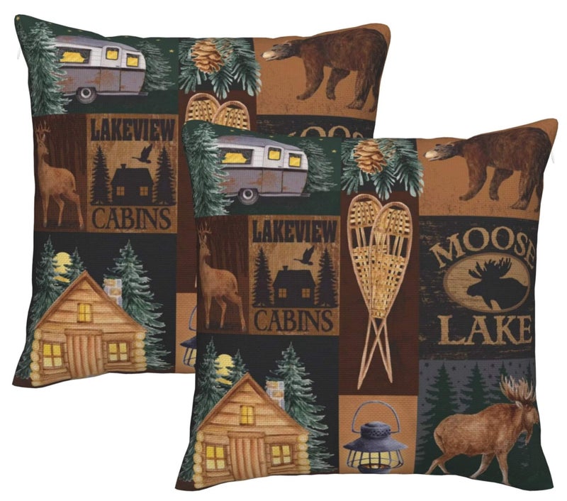 DATANSEN Set of 2 Square 18x18 inch Throw Pillow Covers Rustic Lodge Bear Moose Deer Decorative Throw Pillowcase Thick Cotton Linen Square Cushion Cases (45x45 cm) Cabins Moose Lake - Image 1