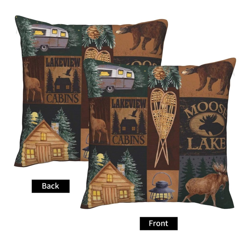 DATANSEN Set of 2 Square 18x18 inch Throw Pillow Covers Rustic Lodge Bear Moose Deer Decorative Throw Pillowcase Thick Cotton Linen Square Cushion Cases (45x45 cm) Cabins Moose Lake - Image 3