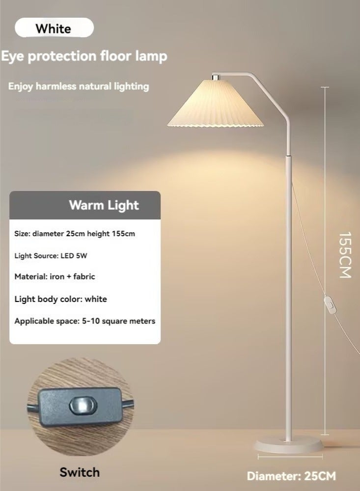 Bukela Floor lamp, 3 Color Modes Lamp With Pleated Lampshade, Bedside Lamp Modern Creative Fabric Decorati Study Floor Lamp White 155 cm - Image 3
