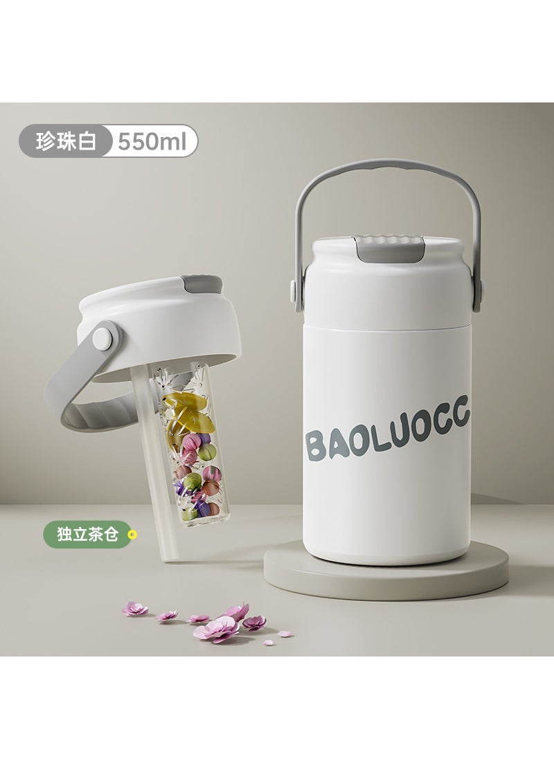 316 stainless steel vacuum cup high-looking tea cup with tea separation girl cute straw cup flower tea cup Pearl White handle/tea leak/sticker