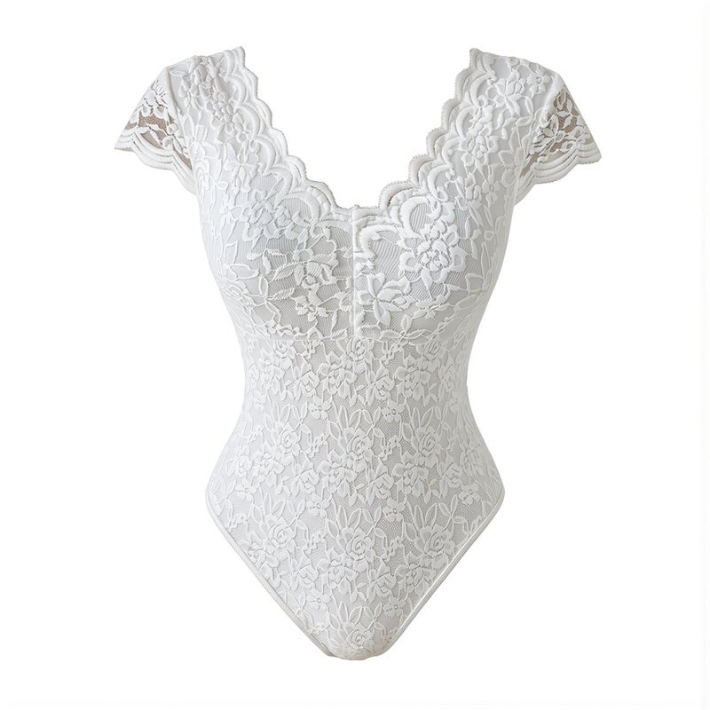 Women's Lace V Neck Short Sleeve Bodysuit Floral Scallop Form Fitting White XS - Image 3