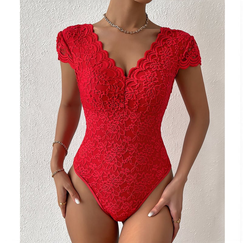 Women's Lace V Neck Short Sleeve Bodysuit Floral Scallop Form Fitting White XS - Image 4