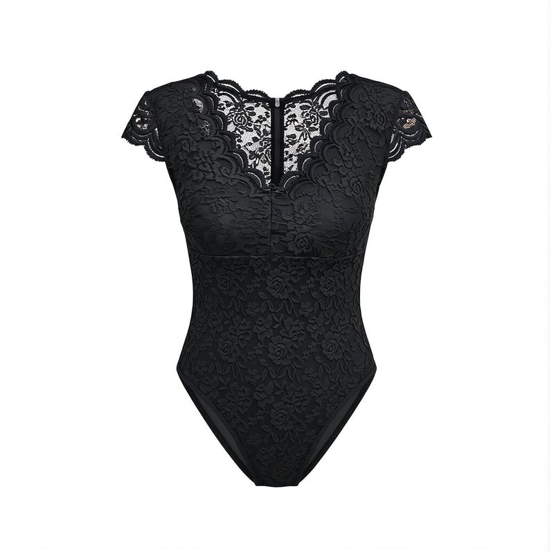 Women's Lace V Neck Short Sleeve Bodysuit Floral Scallop Form Fitting White XS - Image 1