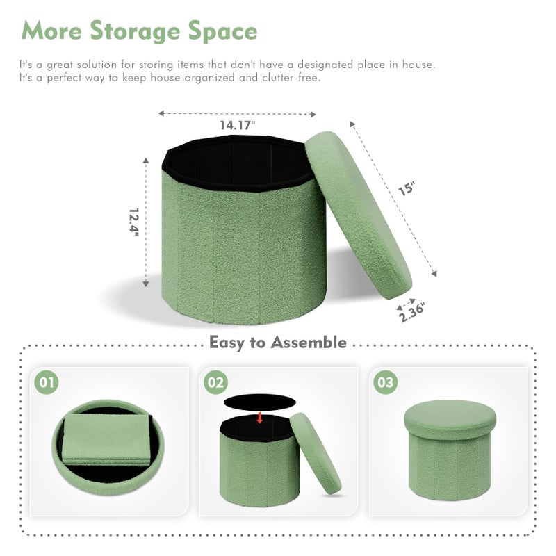 B FSOBEIIALEO Storage Ottoman Cube, Round Ottomans with Storage Foot Stool Footrest for Lving Room, Boucle Ottoman Seat for Dorm Room,Faux Teddy Fur, Green 15"x15"x13.19" - Image 5