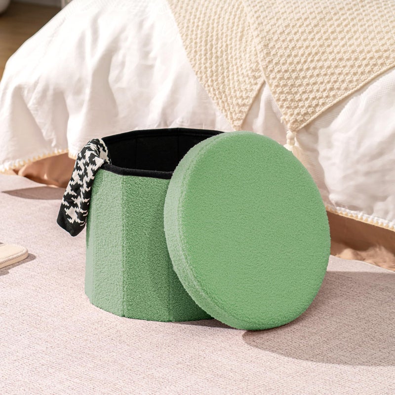 B FSOBEIIALEO Storage Ottoman Cube, Round Ottomans with Storage Foot Stool Footrest for Lving Room, Boucle Ottoman Seat for Dorm Room,Faux Teddy Fur, Green 15"x15"x13.19" - Image 2