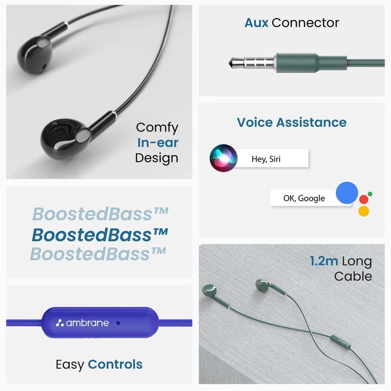 AMBRANE سماعات رأس سلكية داخل الأذن مع ميكروفون مدمج لمكالمات واضحة، محركات ديناميكية 14 مم لتعزيز الصوت الجهير، مقبس 3.5 مم، وحدة تحكم متعددة الوظائف (Stringz 38 Lite، أزرق) - Image 2