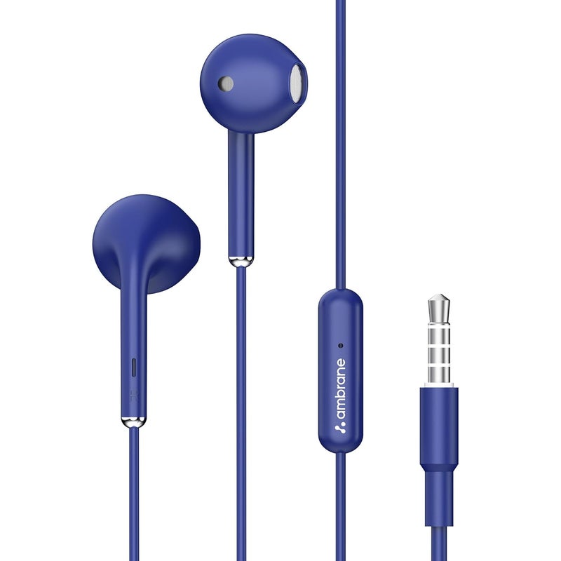 AMBRANE سماعات رأس سلكية داخل الأذن مع ميكروفون مدمج لمكالمات واضحة، محركات ديناميكية 14 مم لتعزيز الصوت الجهير، مقبس 3.5 مم، وحدة تحكم متعددة الوظائف (Stringz 38 Lite، أزرق) - Image 1
