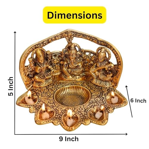 Lavanaya Silver - Laxmi Ganesh Saraswati Idol with 5 Diyas Showpiece for Home Décor and Diwali Pooja (Gold, 23X15X12 cm) Diwali Gift, Laxmi Ganesh Idol for Gift (Golden) - Image 2