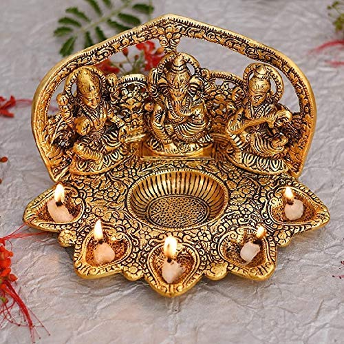 Lavanaya Silver - Laxmi Ganesh Saraswati Idol with 5 Diyas Showpiece for Home Décor and Diwali Pooja (Gold, 23X15X12 cm) Diwali Gift, Laxmi Ganesh Idol for Gift (Golden) - Image 1